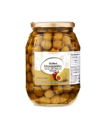Generic Stuffed Manzanilla Green Olives with Minced Pimento, 21 oz Jar, Spanish Style