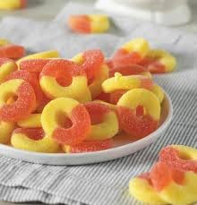 9 SHANI'S ROOTS SHOOTS Alba-nese Gummi 7 oz Gummy Peach Rings Candy Bag Fat Free, Gluten Free, Low Sodium Sweet Fruity