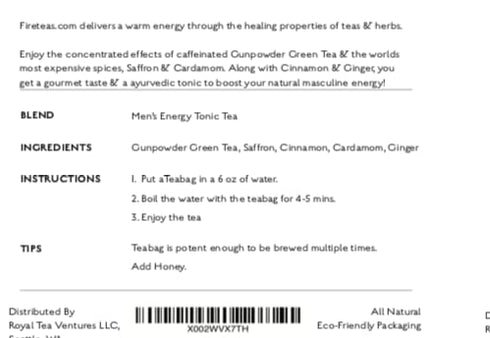 FIRE TEAS Men's Energy Tonic Tea, Gunpowder Green Tea with Cardamom, Cinnamon, Ginger, and Saffron