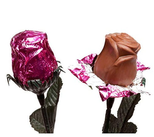 FavorOnline Dozen 9 1/2" One PINK Chocolate Roses - Solid Premium Milk Chocolate Rose Wrapped in Shiny PINK Italian