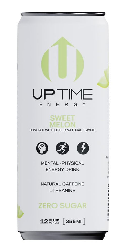 Summer 12 Pack, 142mg 5 12 oz UPTIME Energy Drink, Sweet Melon Sparkling, Vitamin C, L Theanine, Calcium, Sugar Free