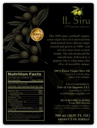 IL Siru (500 ml) Extra-Virgin, First Cold Press Olive Oil Single Sourced and Current Harvest Imported from Jordan