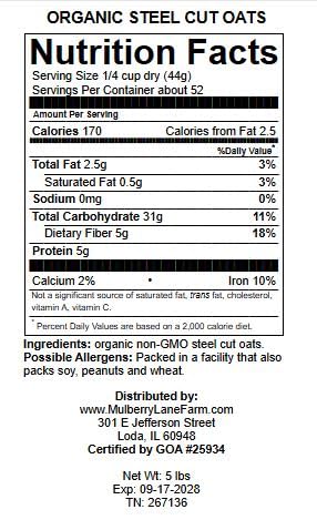 Mulberry Lane Farms 5 Steel Cut Oats (Steelcut) Pounds (Oat Groats, Irish Oatmeal), USDA Certified Organic, Non-GMO