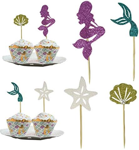 24 pcs Mermaid Cupcake Toppers for Baby Shower Birthday Party Supplies, Under The Sea Cake Decorations