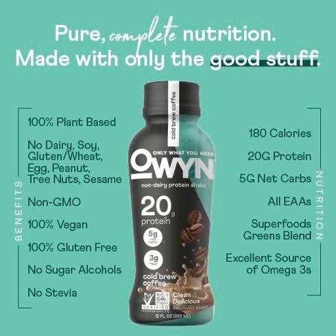 100% 12 Pack, 20g Omega-3, OWYN Vegan Plant-Based Protein Shake, Cold Brew Coffee, with Plant Protein, Prebiotic