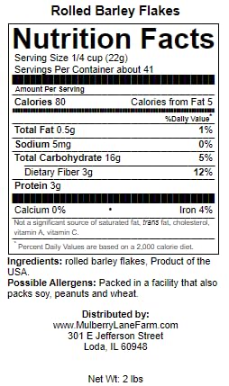 Mulberry Lane Farms 2 Rolled Barley Flakes Pounds Non-GMO Bulk, Product of USA