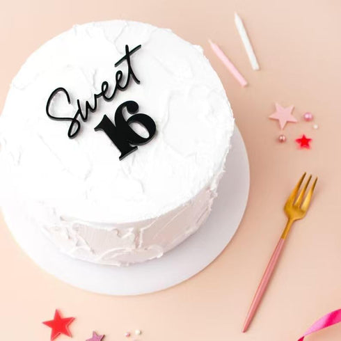 Snlioek Black Sweet 16 Cake Topper,Acrylic Happy 16th Birthday Cake Decor for Sweet