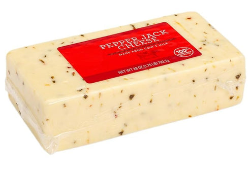 Generic Monterey Jack cheese block is studded with fiery bits of hot pepper and jalapeno that add just the right amount