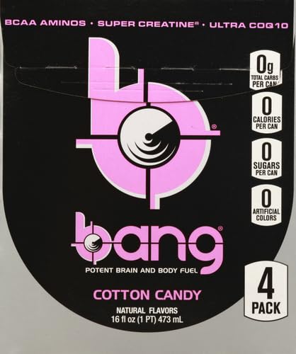 Bang Energy 0 16oz, 4 Count Bang Cotton Candy Energy Drink, Calories, Sugar Free with Super Creatine