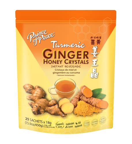 25 Prince of Peace Instant Ginger Honey Crystals w/Turmeric, Sachets Instant Hot or Cold Beverage Easy to Brew Ginger
