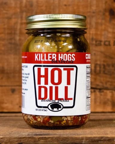 16 oz Killer Hogs Hot Dill Pickles for BBQ and Grill Sides, Meat Sandwiches, Hamburgers, Snacks, Crisp and Crunchy