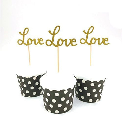 24pcs Gold Love Cupcake Topper - Valentine's Day Decoration for Birthday and Wedding Party