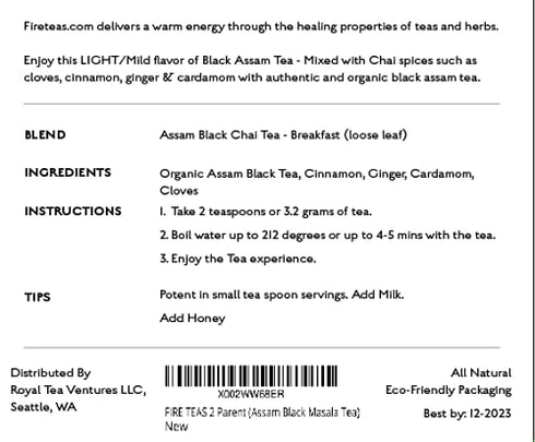FIRE TEAS Organic Assam Breakfast Tea, Assam Black Tea with Cinnamon, Ginger, Cardamom, Cloves