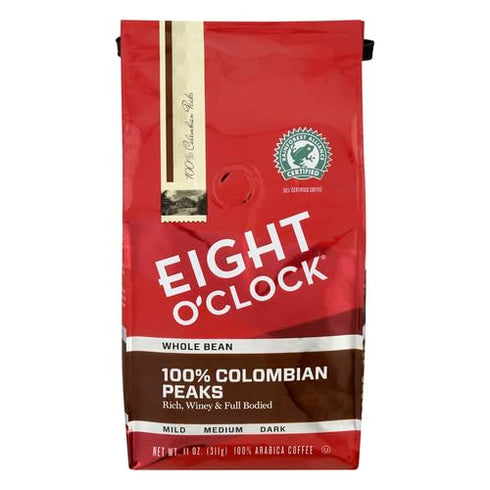 Eight O'Clock Coffee 100% Colombian Peaks Whole Bean Coffee, Medium Roast, 11 Ounce (Pack of 1) - Rich, Winey, Full