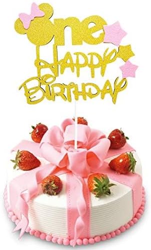 Glitter Gold Pink One Cake Topper for Girls' First Birthday Minnie Party Cake Decorations