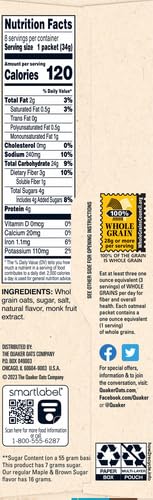 1.19oz Packets, 8 Count (Pack 1) Quaker Lower Sugar Instant Oatmeal, Maple Brown Sugar