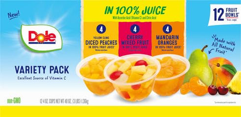 100% Pack 4oz 12 (Pack 2) Dole Fruit Bowls in Juice Variety Snacks, Peaches, Cherry Mixed Fruit, Mandarin Oranges