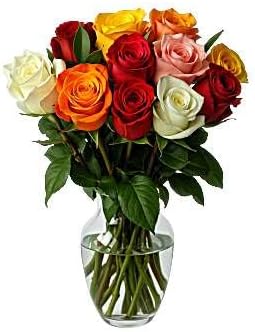 Generic Fresh Mixed Roses Bouquet with Clear Vase, 12 Fresh Stems in Yellow,