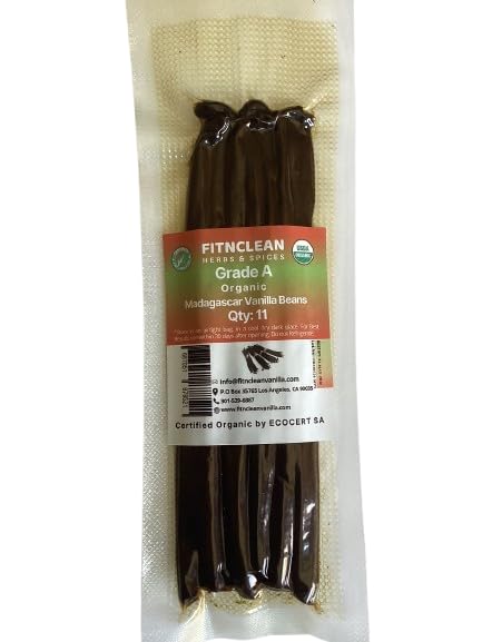 11 Madagascar Organic Vanilla Beans Grade A, Certified USDA Organic ~6" by FITNCLEAN VANILLA for Cooking and Baking