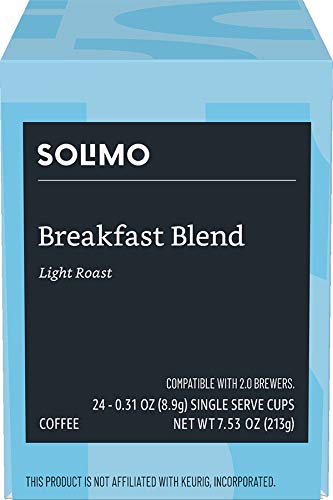 Amazon Brand - Solimo 2.0 24 Count Light Roast Coffee Pods, Breakfast Blend, Compatible with Keurig K-Cup Brewers