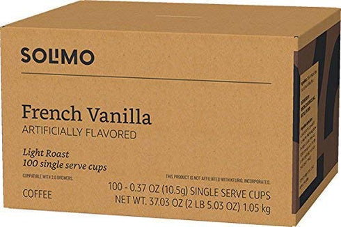 Amazon Brand - Solimo 2.0 100 Count Light Roast Coffee Pods, French Vanilla Flavored, Compatible with Keurig K-Cup