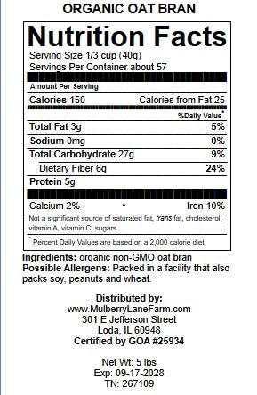 Mulberry Lane Farms 2 100 Oat Bran Pounds Percent Oat Bran, Ground Fine USDA Certified Organic, Non-GMO, Bulk