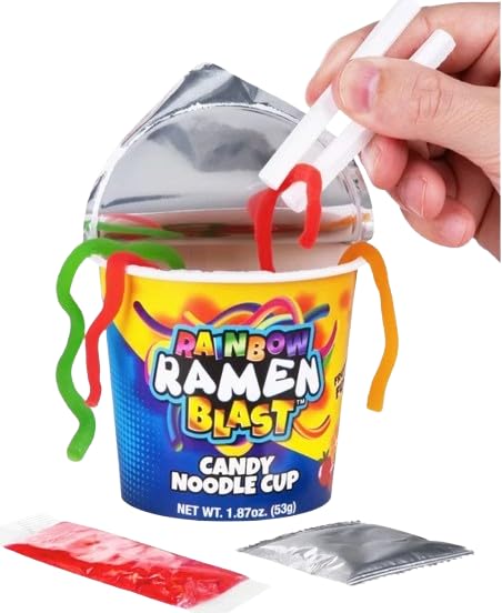 Generic Gummy Packets, 1.87 oz Rainbow Ramen Blast Candy Noodle Cup with Chopsticks, Fruity Noodles and Sauce Fun Party
