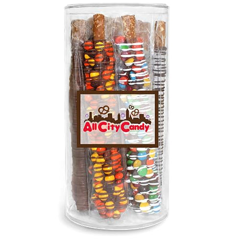 12 All City Candy Signature Gourmet Chocolate Covered Pretzel Rods Gift Tube Hand-Dipped Assorted Flavors in Milk