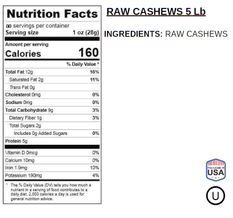5 Lbs Raw Whole Cashews Bulk Resealable Bag Natural Unsalted Cashew Nuts Vegan & Keto Friendly Snack for Cooking