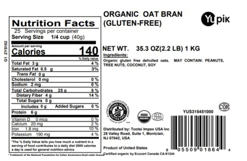 2.2 lb (35.2 oz), Yupik Organic Oat Bran, Gluten-Free, Non-GMO, Kosher, Vegan, Raw, Made from Hull of Whole Grain Oats