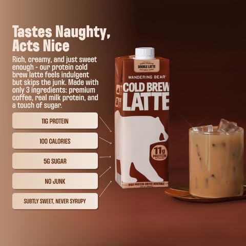 32 oz, 3 pack 11 100 5 Wandering Bear Double Latte Organic Cold Brew Coffee fl - Creamy High-Protein Cold Brew Latte, g