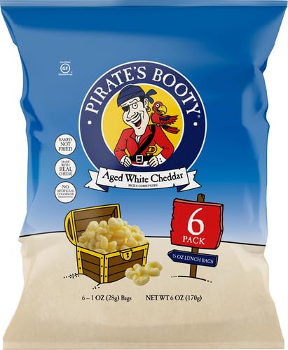 1oz (Pack 6) Pirates Booty Cheese Puffs, Healthy Kids Snacks, Real Aged White Cheddar, Individual Snack Sized Bags