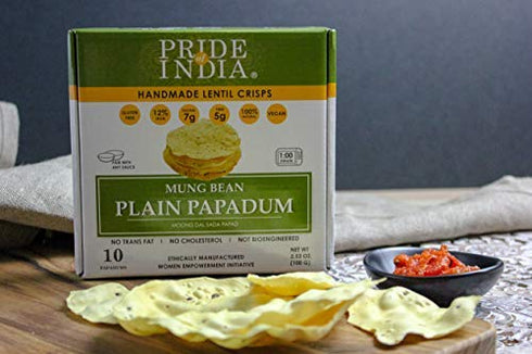 Pack 6-10 count (3.53oz 100gm) Pride Of India - Mung Bean Plain Papadum Lentil Crisp, of - - Protein Fiber & Iron Rich
