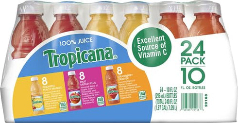 100% 3-Flavor Pack, 10 Oz, (Pack 24), 10 Tropicana Juice Fruit Blend Variety Fl Bottles, of ounces