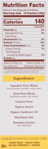 4.25 (Pack 1) Simple Mills Veggie Pita Crackers, Himalayan Salt - Gluten Free, Vegan, Healthy Snacks, Paleo Friendly