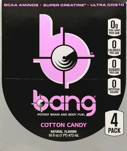 Bang Energy 0 16oz, 4 Count Bang Cotton Candy Energy Drink, Calories, Sugar Free with Super Creatine