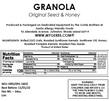 14 OZ. 14 packaged GERBS Original Seed n Honey Granola Resealable Bag | Top Food Allergy Free | Use at breakfast