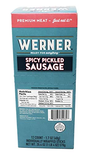 Pack 12 1.7 Werner Spicy Pickled Sausage of Pork & Beef Sausages Ounce Individually Wrapped Meat Snacks