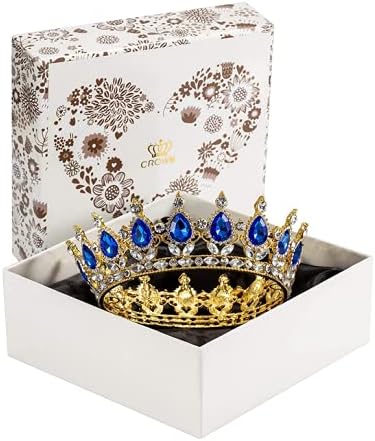 Rhinestone Cake Topper Crown - Fancy Party Cake Decoration for Princess and Prince (Gold-Blue)