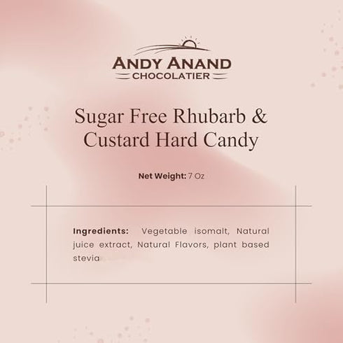 25 ANDY ANAND CHOCOLATIER Sugar Free Rhubarb & Custard Hard Candy Boiled in Copper Kettle for that unique taste, Flown