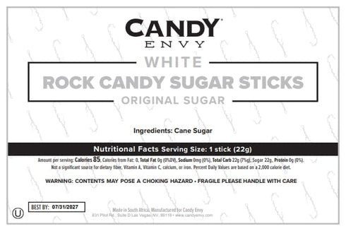 12 White Rock Candy Sugar Sticks - Original Sugar Flavored - Individually Wrapped White Candy Party Favors
