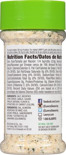 25% 5.62 oz (Pack 2) Lawry's Less Sodium Garlic Salt With Parsley