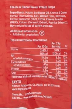 Tayto (24x25g Packs) Cheese and Onion flavour crisps from Ireland