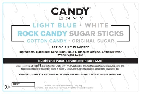 36 Light Blue and White Rock Candy Sugar Sticks - Individually Wrapped Treats - Cotton Candy & Original Sugar Flavored