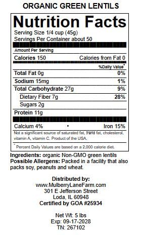 Mulberry Lane Farms 5 Green Lentils Pounds Whole USDA Certified Organic, Non-GMO, Bulk, Product of USA