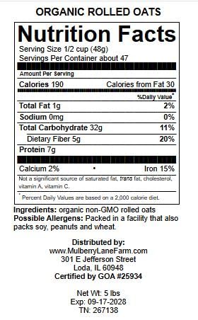 Mulberry Lane Farms 5 Rolled Oats Pounds Old Fashioned Oatmeal, USDA Organic, Non-GMO Bulk