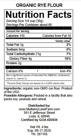 Mulberry Lane Farms 4 100% Rye Flour Pounds Whole Grain USDA Certified Organic, Non-GMO, Bulk, Product of USA