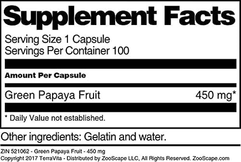 Terravita 450 (100 521062) Green Papaya Fruit - mg Capsules, ZIN:
