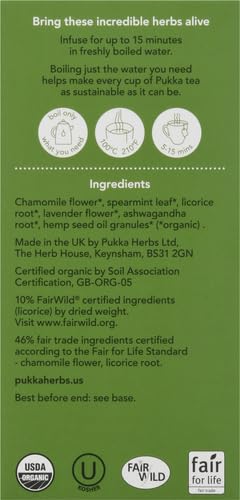 20 Pukka Organic Peace Herbal Tea with Spearmint, Ashwagandha, and Hemp Seed Oil, Caffeine Free, Total Tea Bags