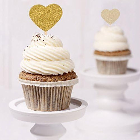 WARMBUY 50 Pack Gold Glitter Cupcake Toppers with Sticks for Baby Bridal Shower Birthday Party (Heart)